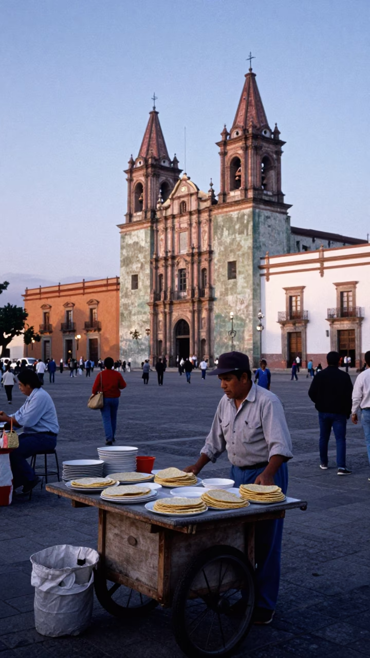 Oaxaca Mexico street scene at nautical dawn with vendors and local life in in Oaxaca, Mexico