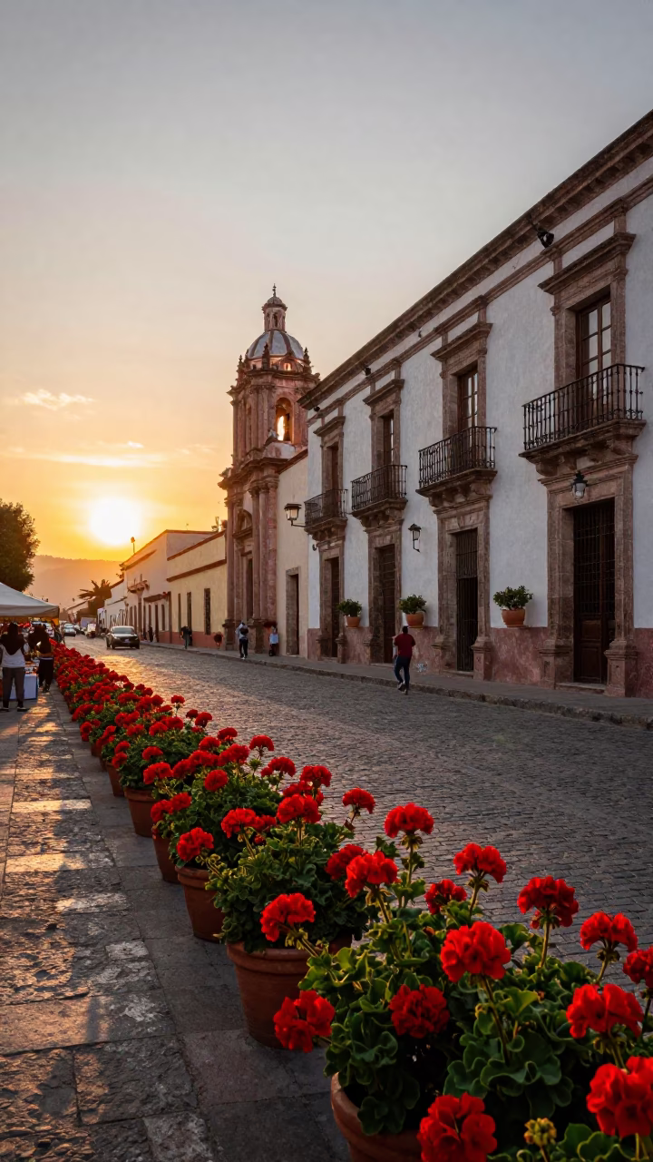 Oaxaca Mexico Street Scene at Sunset with Geraniums and Market Activity in in Oaxaca, Mexico