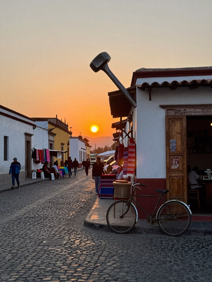 Oaxaca Mexico Street Scene at Sunset with Hammered Metal and Bicycle in in Oaxaca, Mexico
