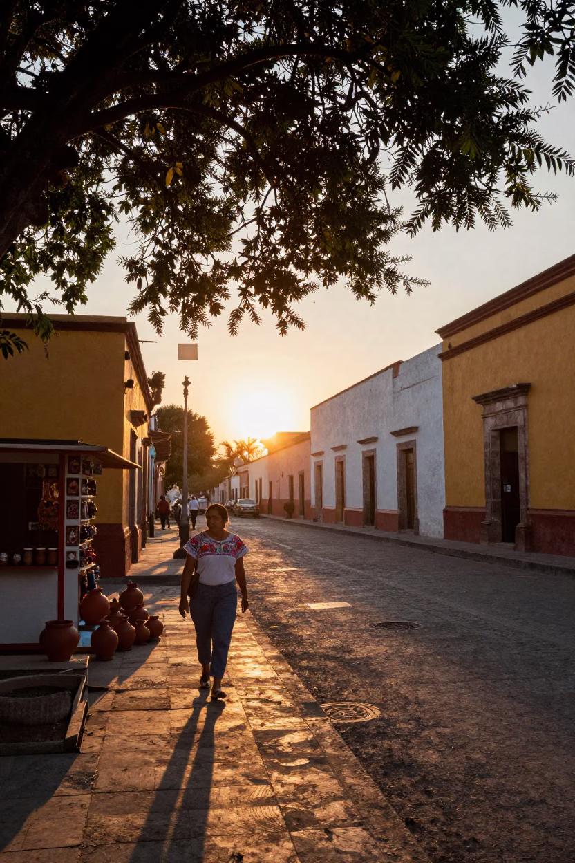 Oaxaca Mexico Street Scene at Sunset with Leaf Shadows and Local Life in in Oaxaca, Mexico
