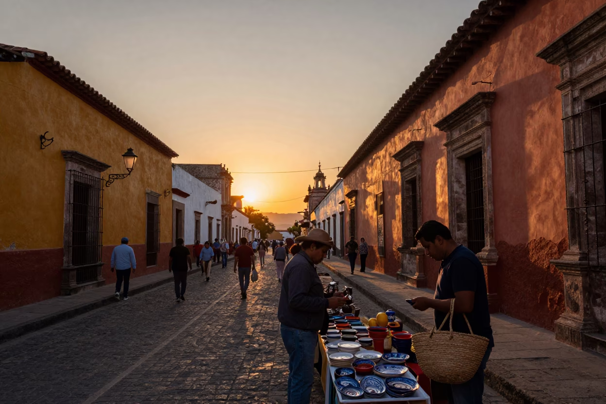 Oaxaca Mexico Street Scene at Sunset with Local Market Goods and Spices in in Oaxaca, Mexico