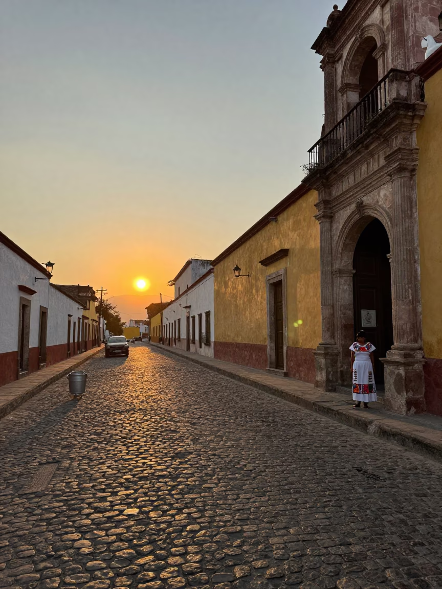 Oaxaca Mexico street scene at sunset with metal bucket and zinnias in in Oaxaca, Mexico