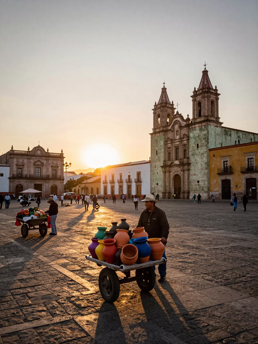 Oaxaca Mexico street scene at sunset with traditional market vendors and colonial architecture in in Oaxaca, Mexico
