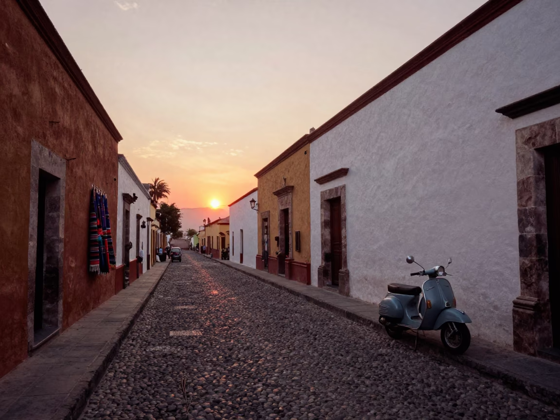 Oaxaca Mexico Street Scene at Sunset with Vintage Vespa and Local Market Goods in in Oaxaca, Mexico