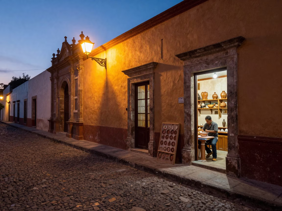 Oaxaca Mexico Street Scene at Twilight with Ceramicist and Traditional Pottery in in Oaxaca, Mexico
