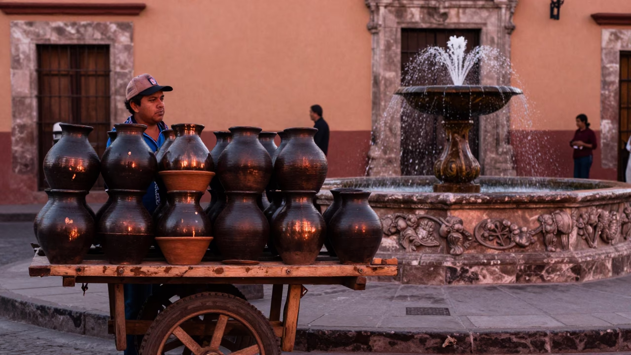 Oaxaca Mexico Street Scene Before Dusk with Clay Pots and Fountain Spray in in Oaxaca, Mexico