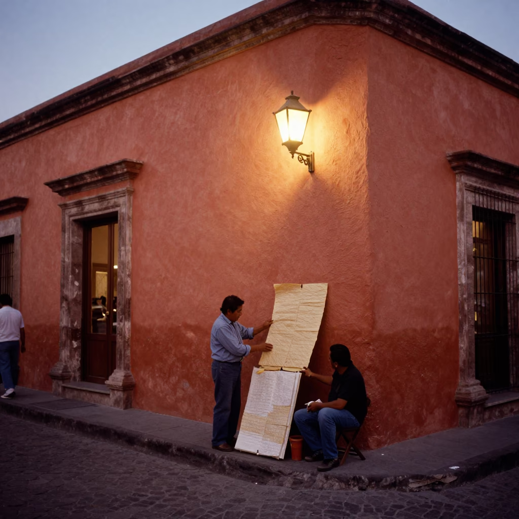 Oaxaca Mexico Street Scene Before Dusk with Handmade Paper and Wall Sconce in in Oaxaca, Mexico