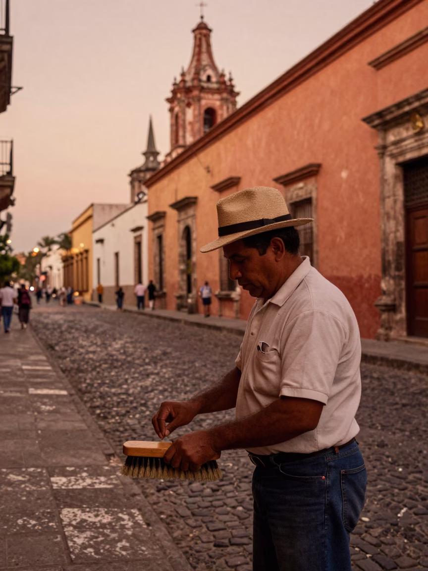 Oaxaca Mexico street scene before dusk with shoe brush and folding stools in in Oaxaca, Mexico