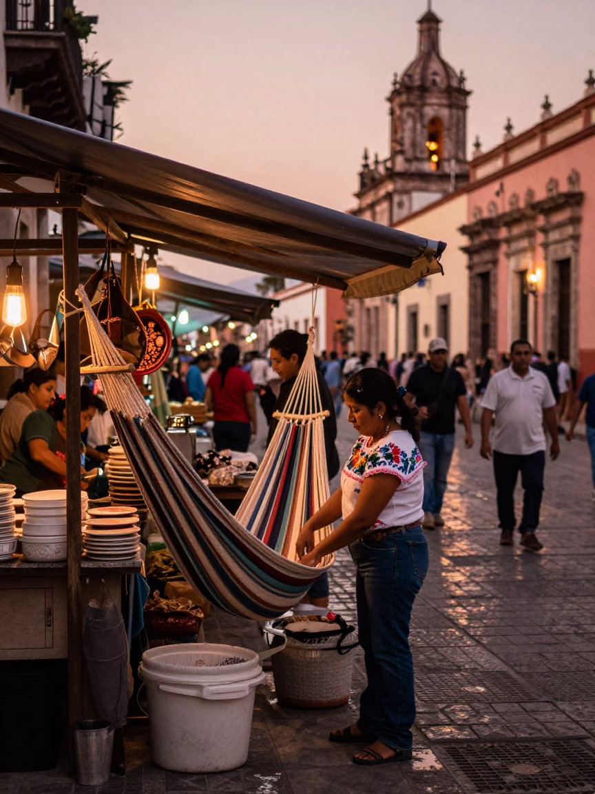 Oaxaca Mexico Street Scene Copper Dusk Light Busy Market Stall with Pottery and Hammock in in Oaxaca, Mexico