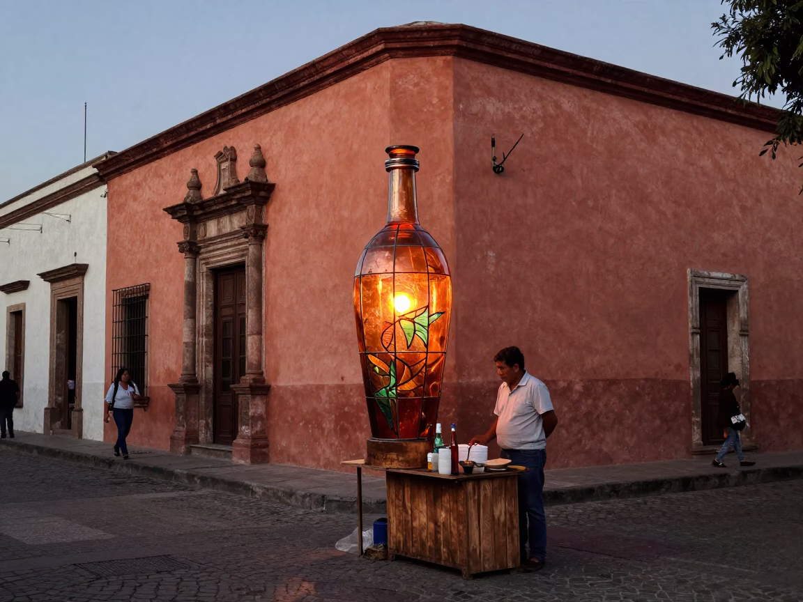 Oaxaca Mexico Street Scene Copper Dusk Light Colored Glass Bottle and Local Vendor Interaction in in Oaxaca, Mexico