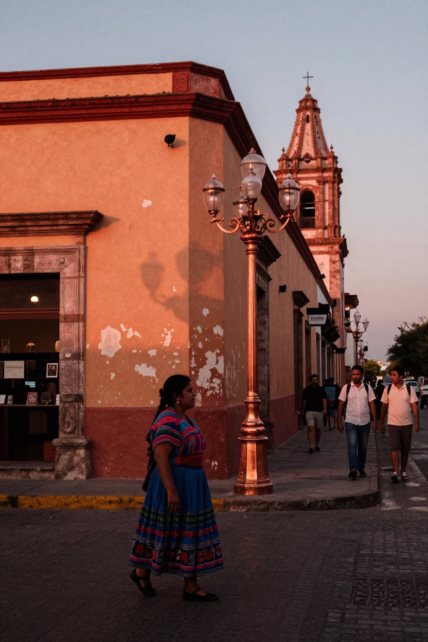 Oaxaca Mexico Street Scene Copper Light Before Dusk Colorful Busy 1970s Realistic in in Oaxaca, Mexico