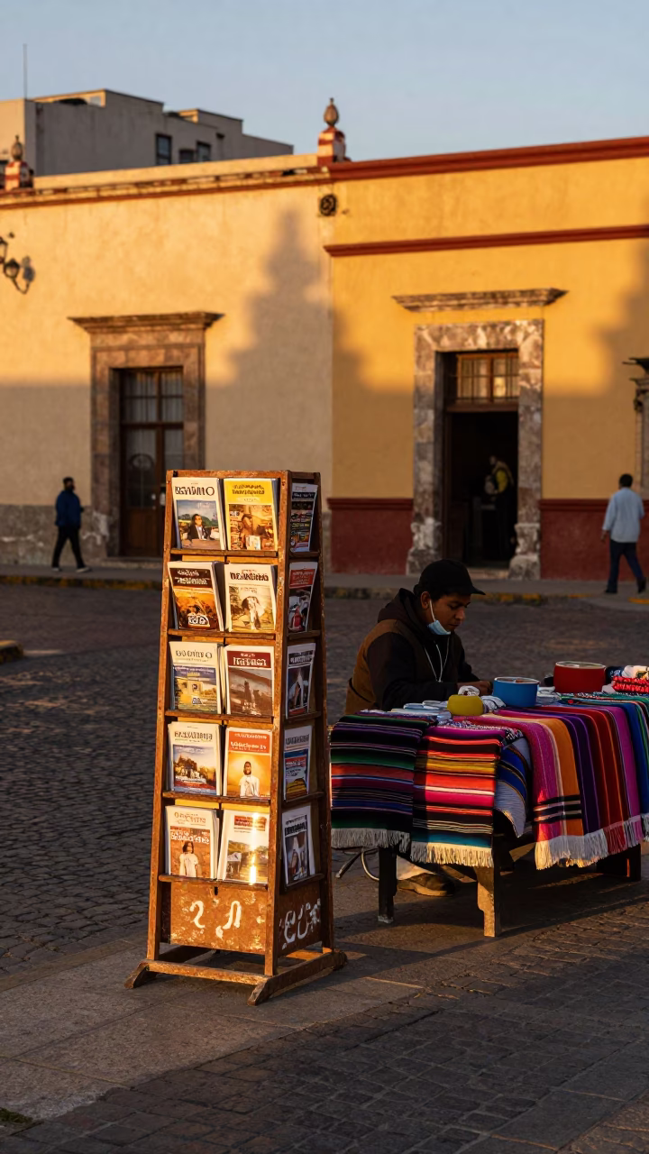 Oaxaca Mexico Street Scene Evening Light with Magazine Rack and Porcelain Detail in in Oaxaca, Mexico