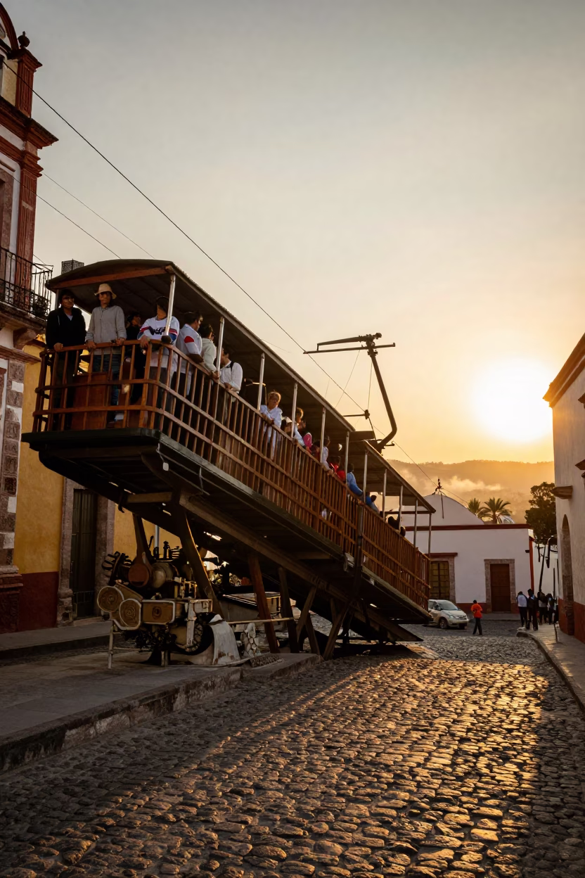 Oaxaca Mexico Street Scene Golden Hour Funicular Climbing Steep Hillside Colonial Architecture in in Oaxaca, Mexico