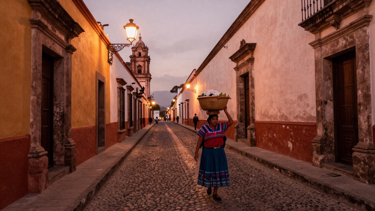 Oaxaca Mexico Street Scene in Copper Toned Light Before Dusk with Traditional Architecture in in Oaxaca, Mexico
