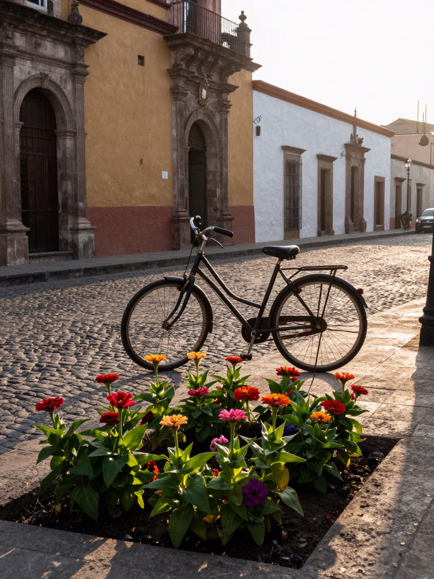 Oaxaca Mexico Street Scene Just After Sunrise With Bicycle And Zinnias in in Oaxaca, Mexico