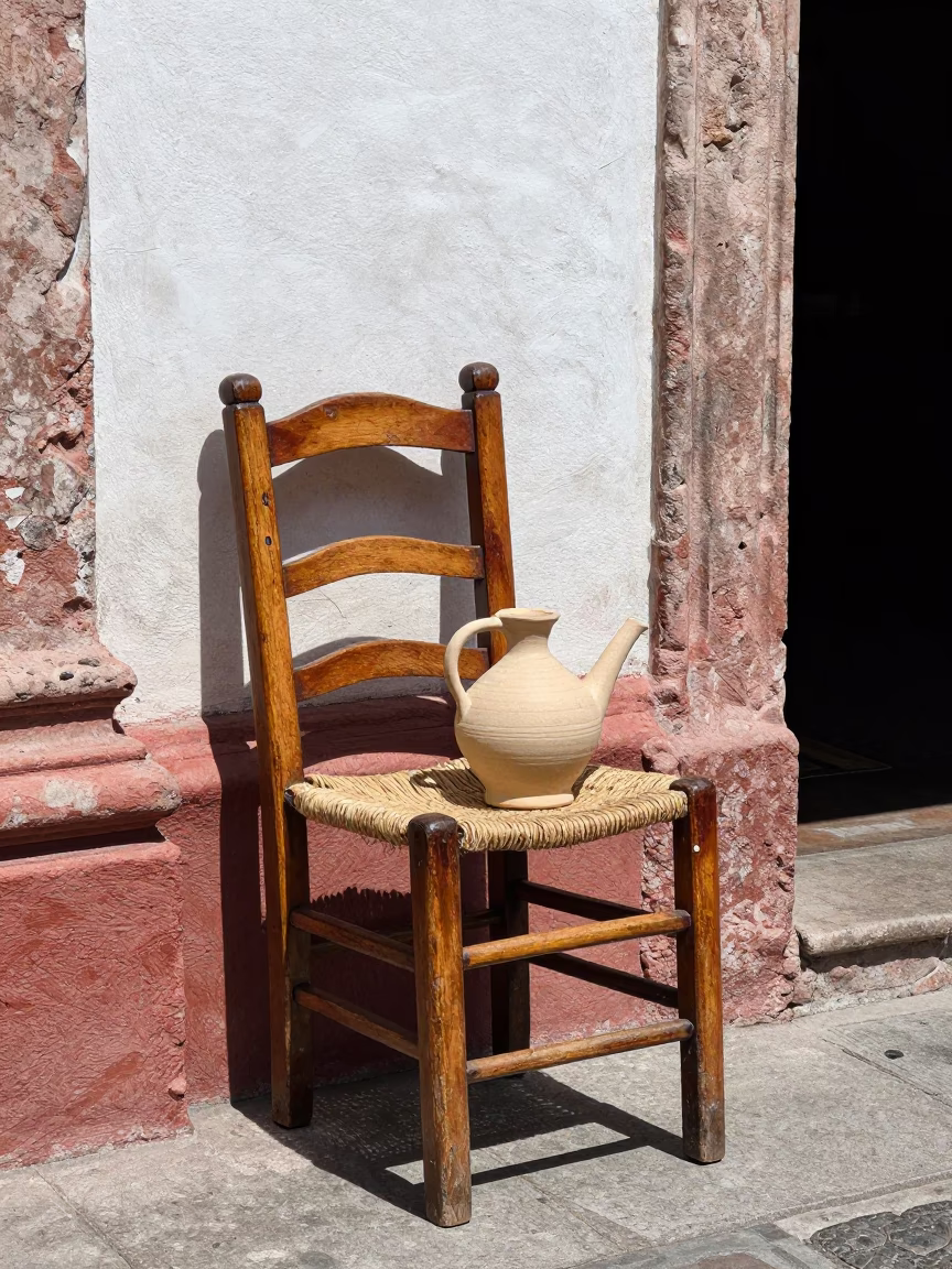 Oaxaca Mexico Street Scene Under Noon Sun With Ladder-Back Chair And Watering Jug in in Oaxaca, Mexico