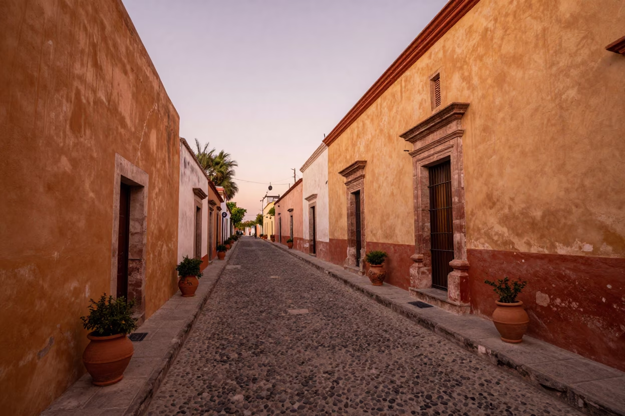 Oaxaca Mexico street scene with adobe walls and terracotta pots in copper dusk light in in Oaxaca, Mexico