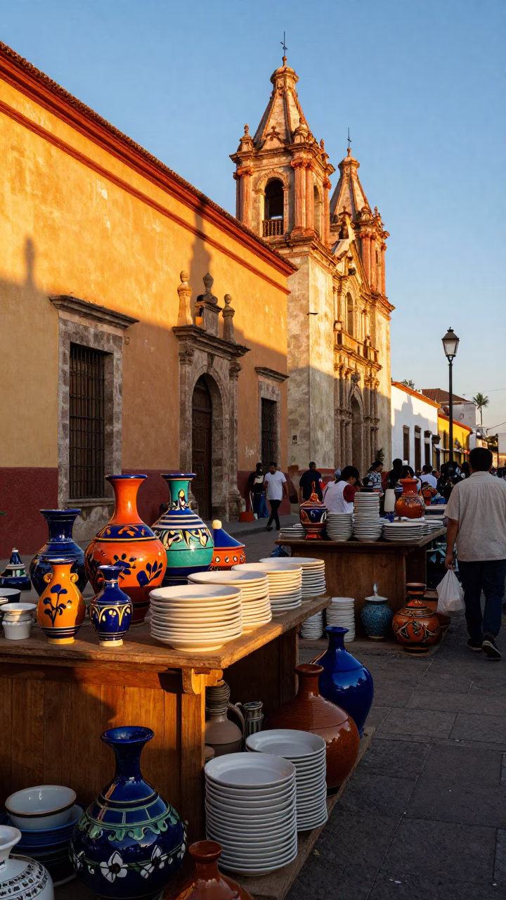 Oaxaca Mexico street scene with colorful ceramics and adobe architecture at golden hour in in Oaxaca, Mexico