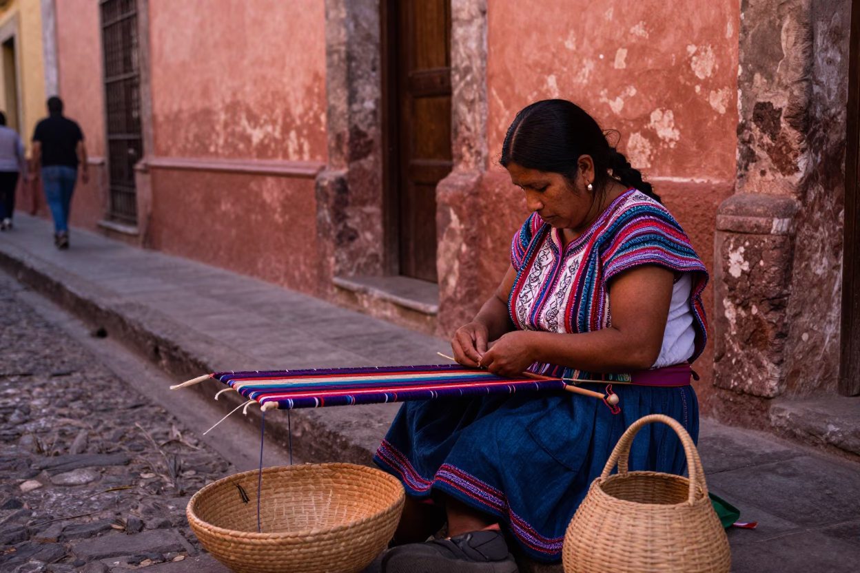 Oaxaca Mexico street scene with indigenous weaving and mending basket in copper dusk light in in Oaxaca, Mexico