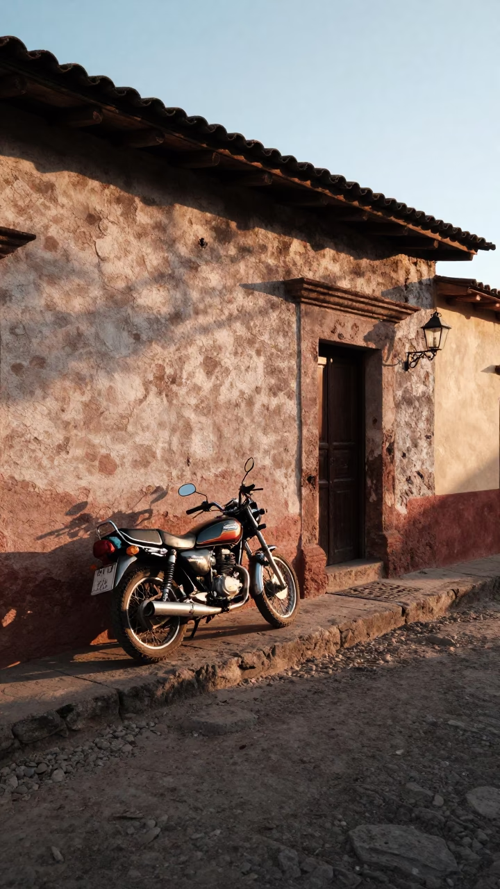 Oaxaca Mexico Street Scene with Motorcycle and Morning Light in in Oaxaca, Mexico