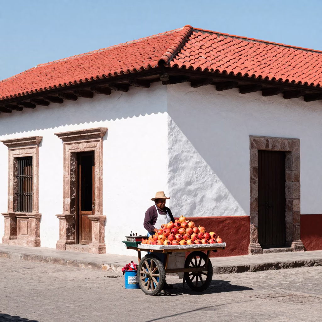 Oaxaca Mexico street scene with pomegranate vendor and colonial architecture in bright midmorning light in in Oaxaca, Mexico