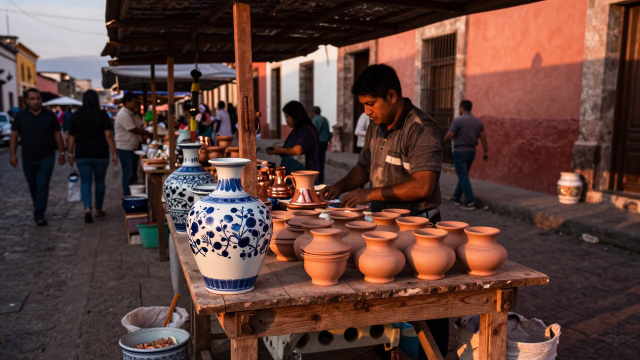 Oaxaca Mexico Street Scene with Porcelain Jar and Paint Flecks in Copper Light in in Oaxaca, Mexico