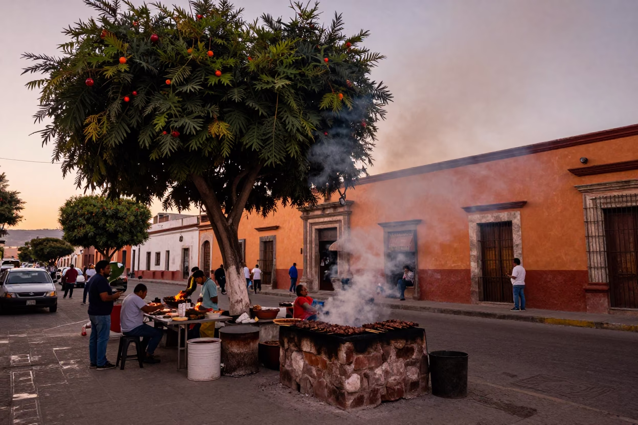 Oaxaca Mexico street scene with tamarind tree and grilled meats in copper dusk light in in Oaxaca, Mexico