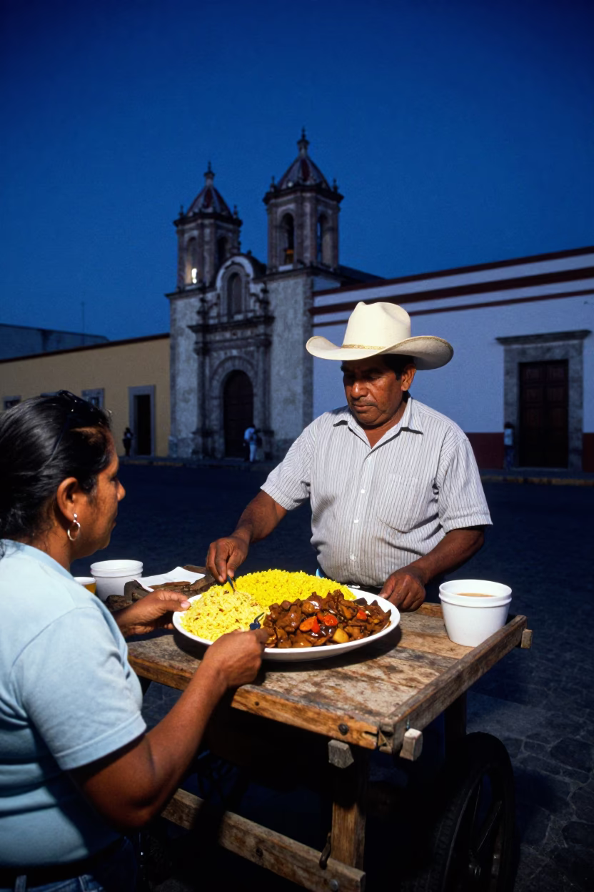 Oaxaca Mexico Street Vendor Selling Bobotie and Yellow Rice Under Indigo Twilight in in Oaxaca, Mexico