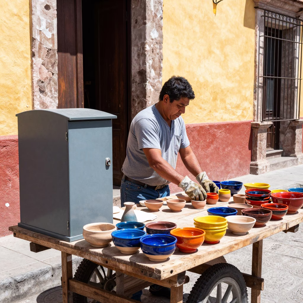 Oaxaca Mexico Street Vendor with Lockable Cash Box in Bright Midmorning Light in in Oaxaca, Mexico