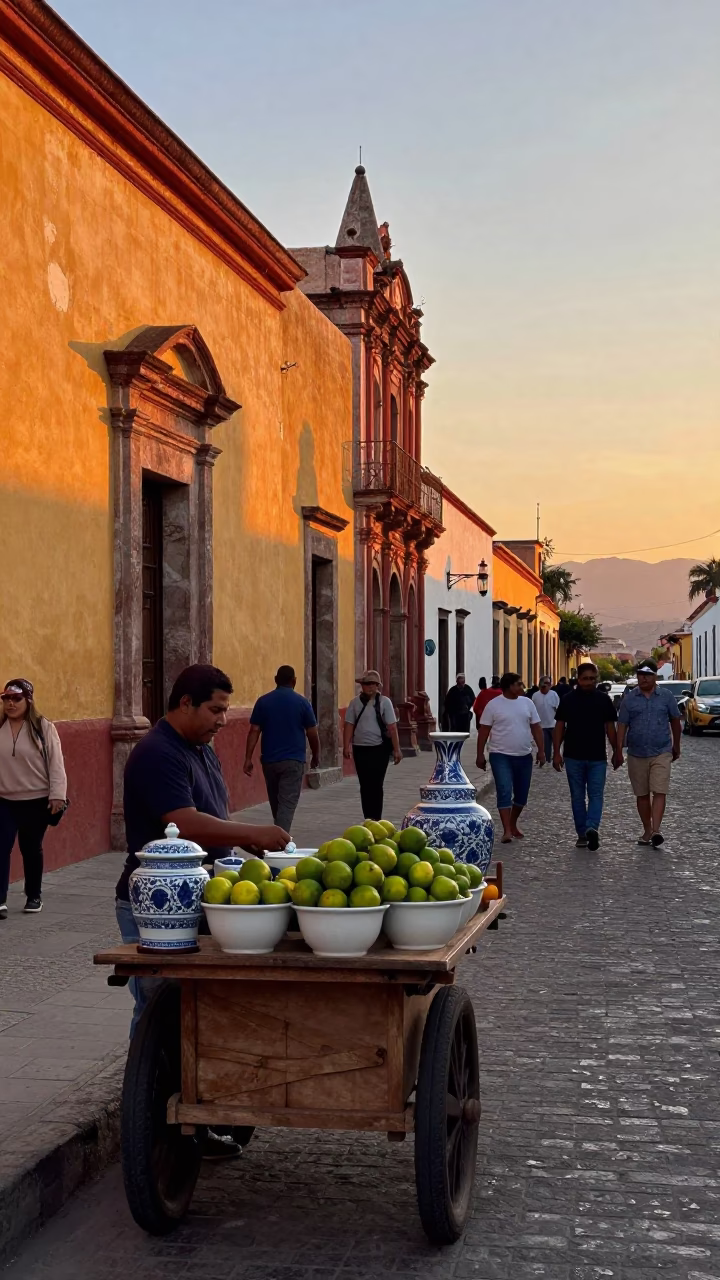 Oaxaca Mexico Sunset Street Scene with Blue White Porcelain Jar and Wool Scarves in in Oaxaca, Mexico