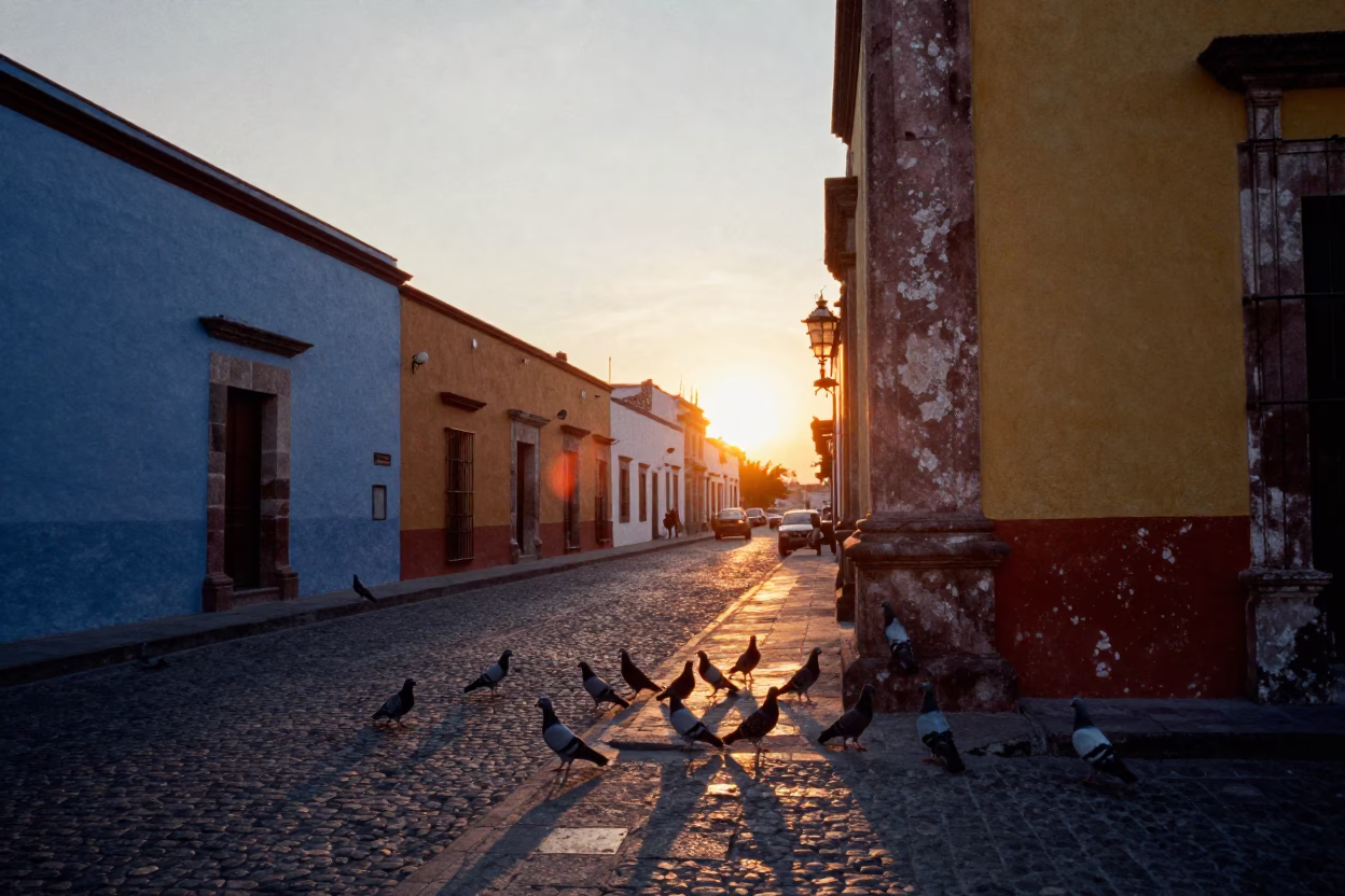 Oaxaca Mexico Sunset Street Scene with Pigeons and Colorful Architecture in in Oaxaca, Mexico