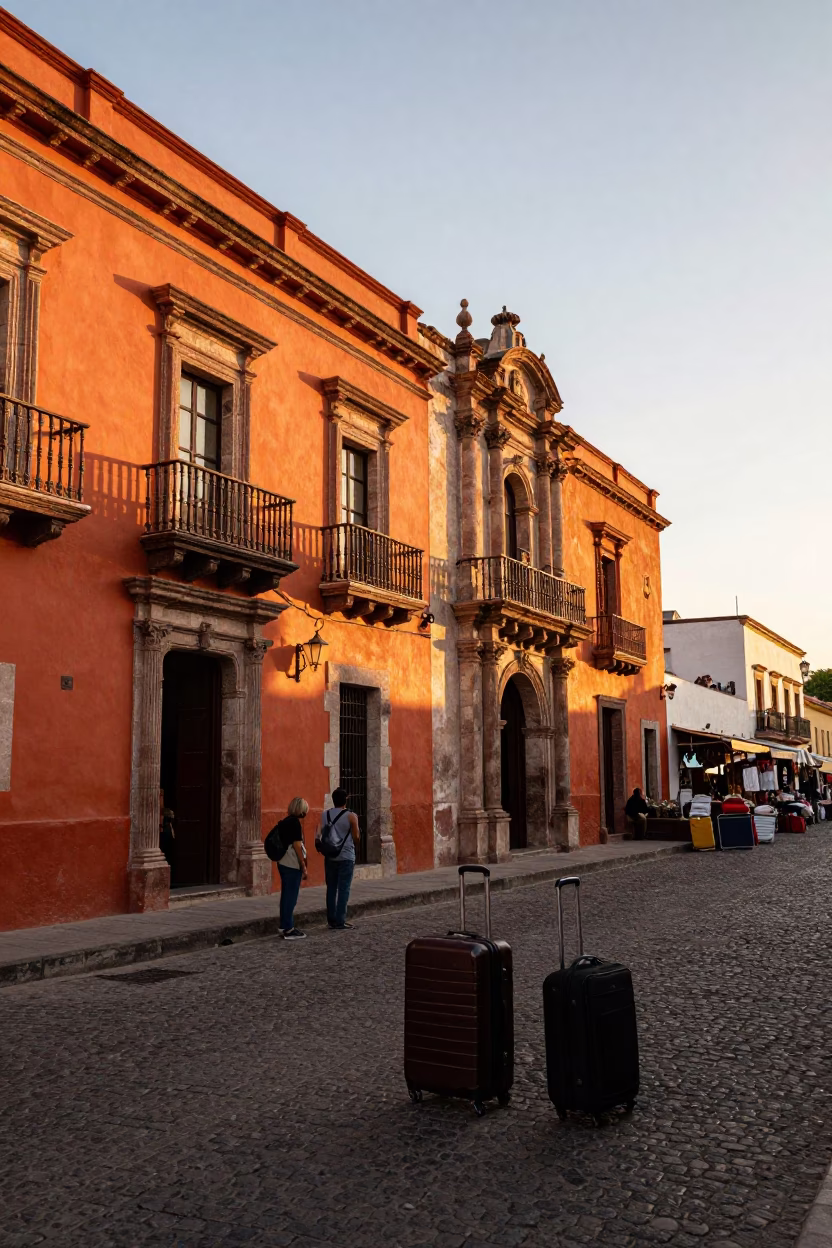 Oaxaca Mexico Sunset Street Scene with Suitcases and Colonial Architecture in in Oaxaca, Mexico