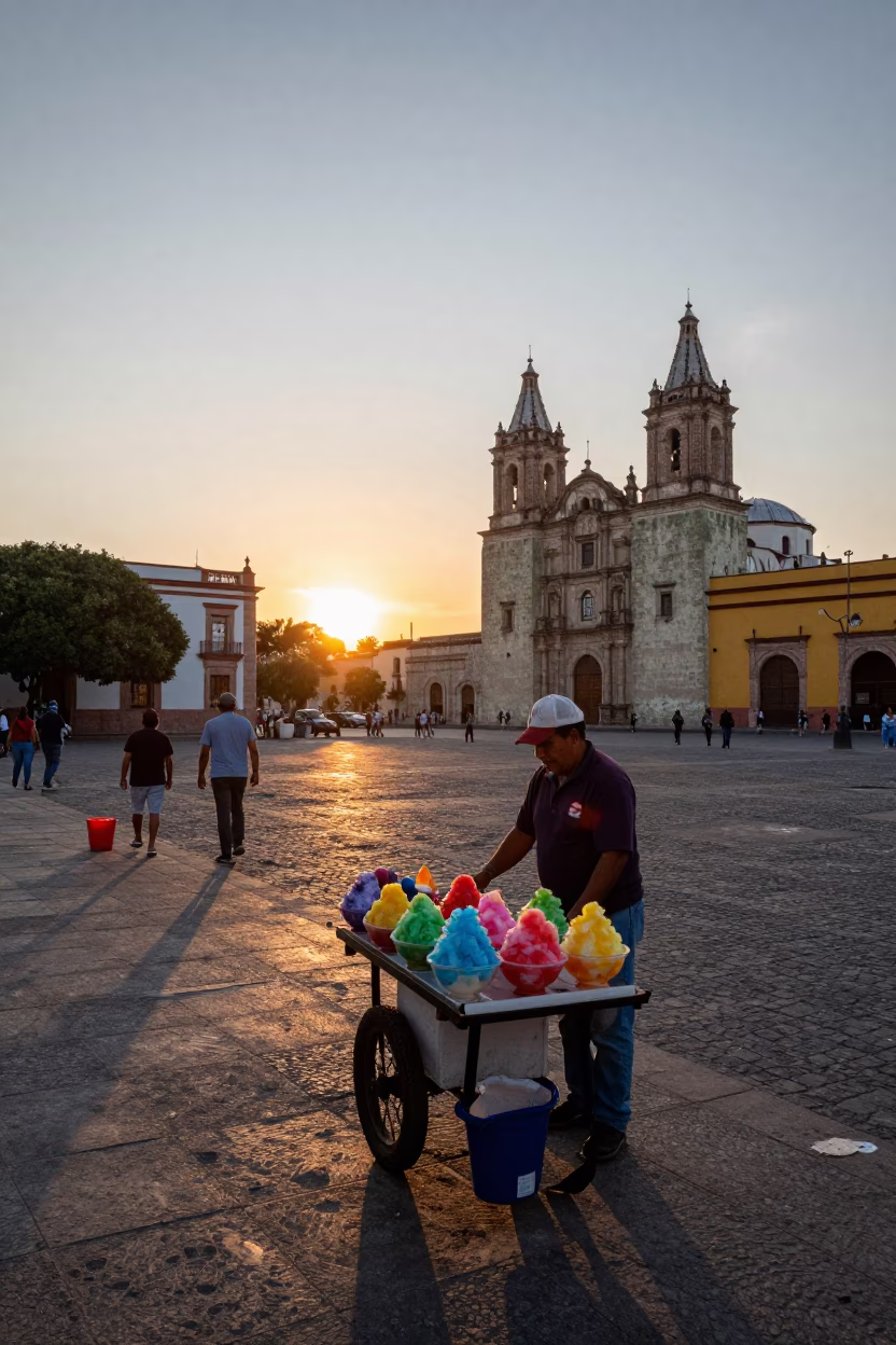Oaxaca Mexico Sunset Street Scene with Vendors and Pedestrians Near Cathedral in in Oaxaca, Mexico