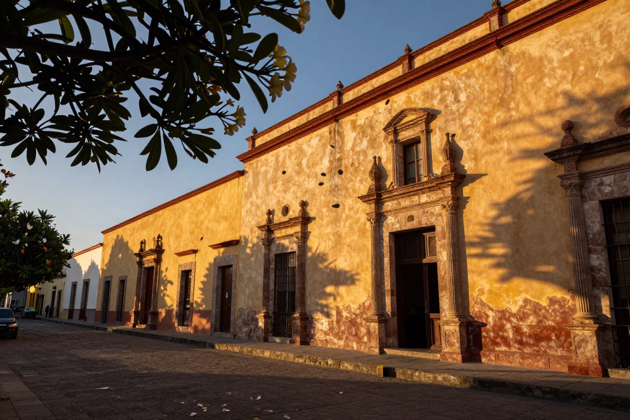 Oaxaca Mexico Sunset Street Scene with White Plumeria Petals Falling on Cobblestone in in Oaxaca, Mexico