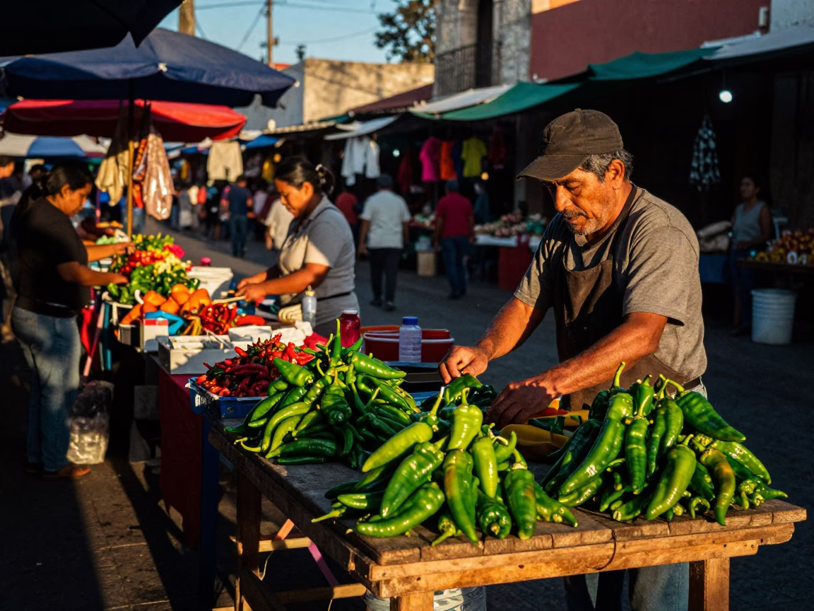 Oaxaca Mexico Twilight Market Scene with Chili Peppers and Sun Hats in in Oaxaca, Mexico