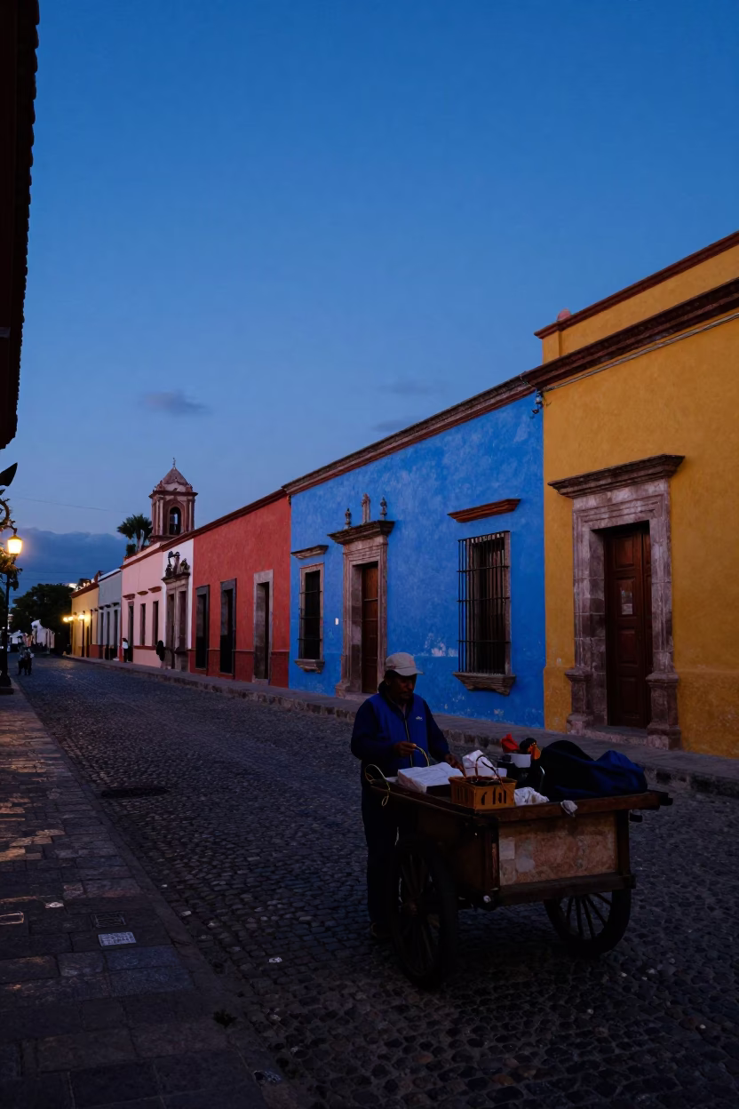 Oaxaca Mexico Twilight Street Scene with Colorful Architecture and Local Life in in Oaxaca, Mexico