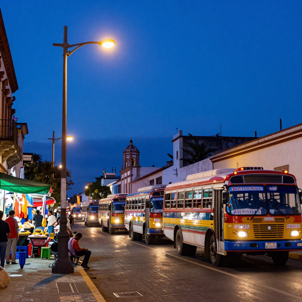 Oaxaca Mexico Twilight Street Scene with Colorful Buses and Market Stalls in in Oaxaca, Mexico