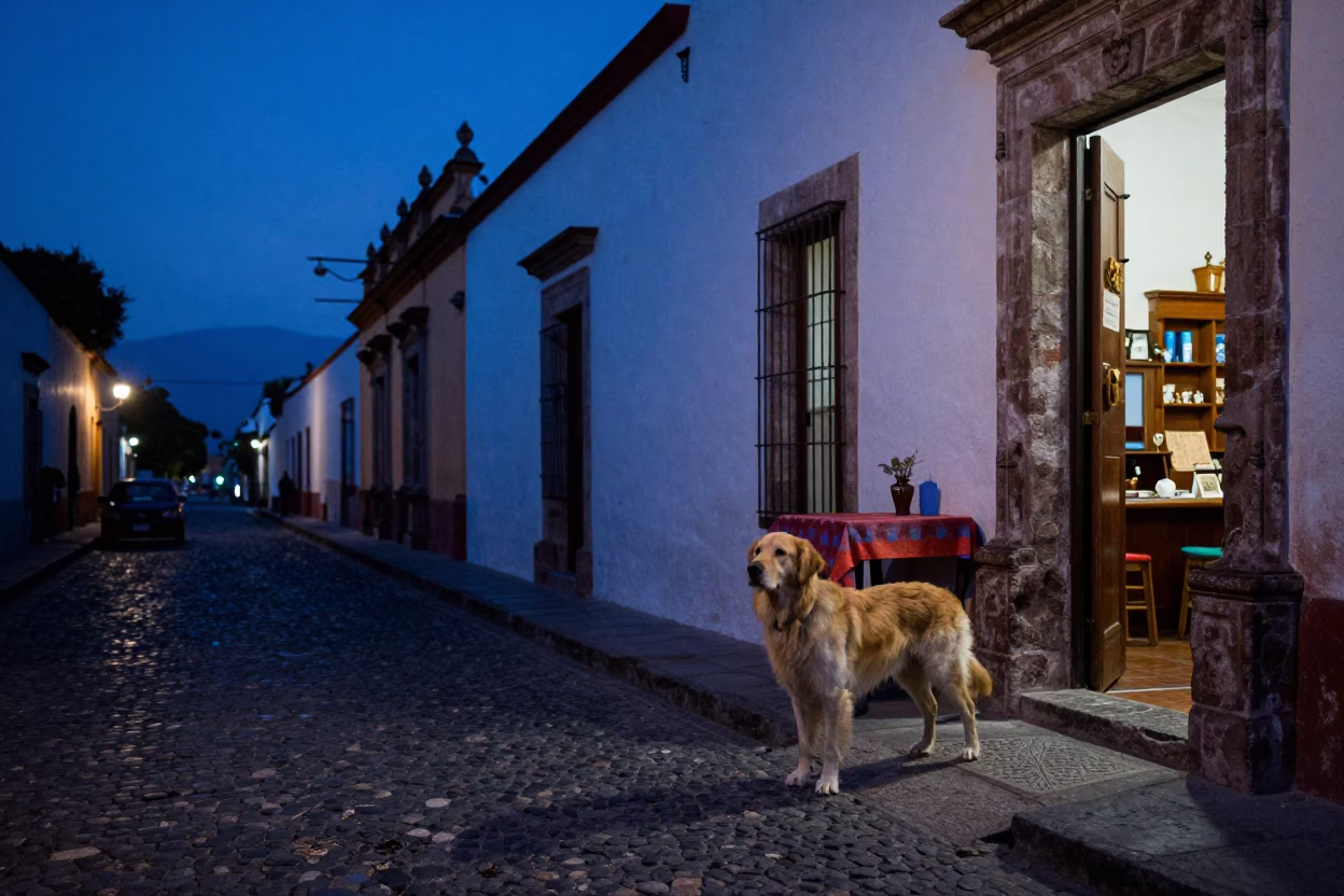 Oaxaca Mexico Twilight Street Scene with Flat-Coated Retriever and Table Lamps in in Oaxaca, Mexico