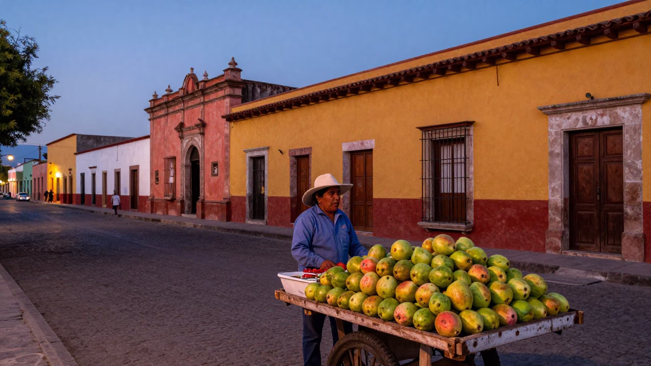 Oaxaca Mexico Twilight Street Scene with Fruit Vendor and Colorful Architecture in in Oaxaca, Mexico