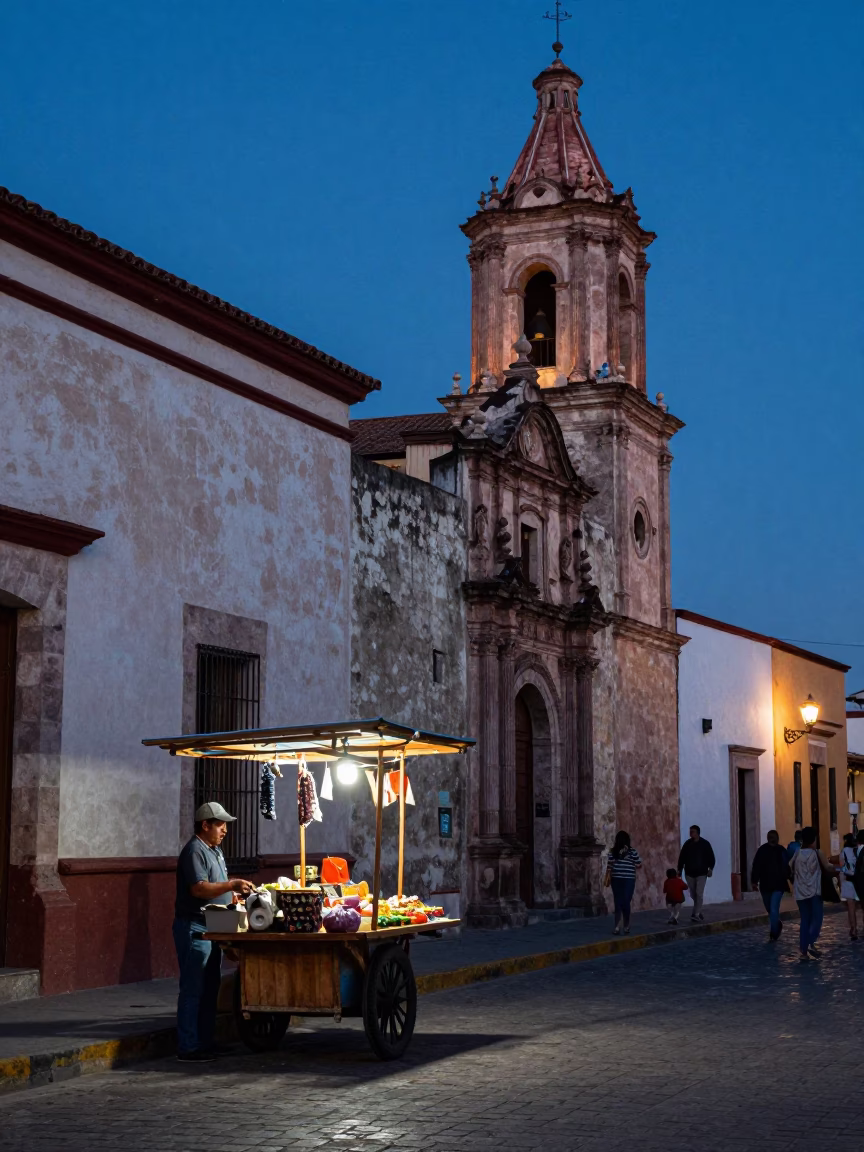 Oaxaca Mexico Twilight Street Scene with Local Market Stall and Traditional Architecture in in Oaxaca, Mexico