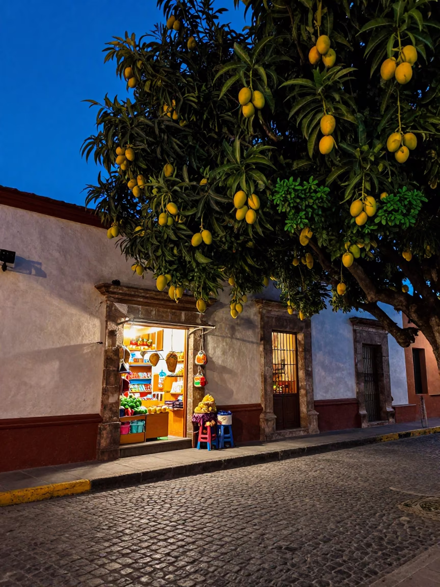 Oaxaca Mexico Twilight Street Scene with Mango Tree and Mint Leaves in in Oaxaca, Mexico