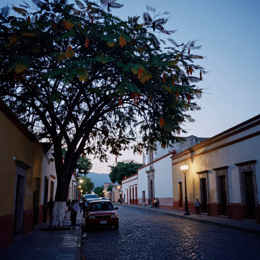 Oaxaca Mexico Twilight Street Scene with Tamarind Tree and Local Vendor in in Oaxaca, Mexico