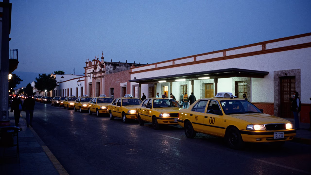 Oaxaca Mexico Twilight Street Scene with Taxi Rank and Traditional Architecture in in Oaxaca, Mexico