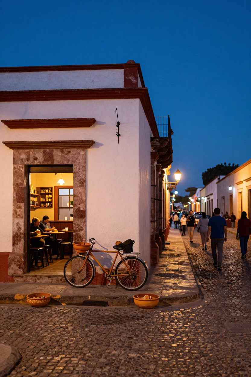 Oaxaca Mexico Twilight Street Scene with Terracotta Bowls and Bicycle at Cafe in in Oaxaca, Mexico