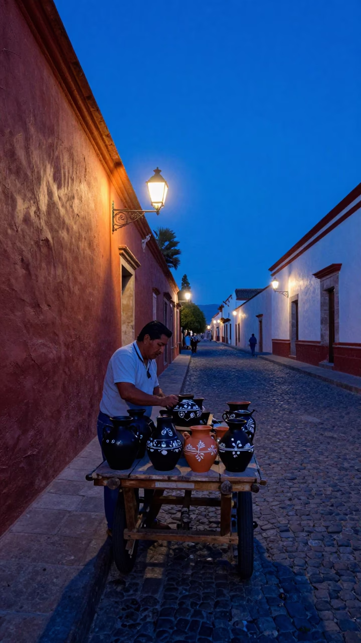 Oaxaca Mexico Twilight Street Scene with Traditional Pottery and Lantern Light in in Oaxaca, Mexico