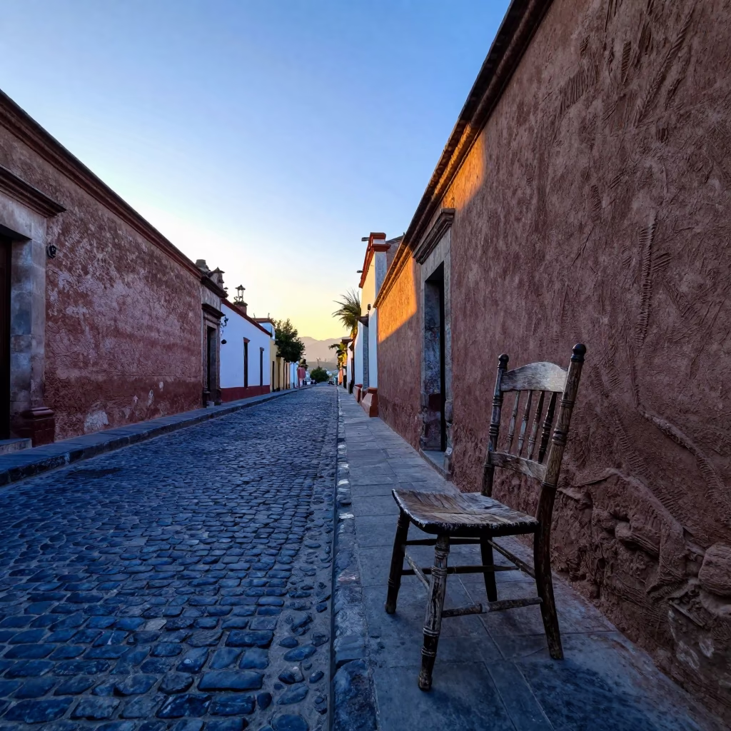 Oaxaca Morning Light Before Sunrise on Weathered Spindle Chair and Trowel in Colonial Alley in in Oaxaca, Mexico