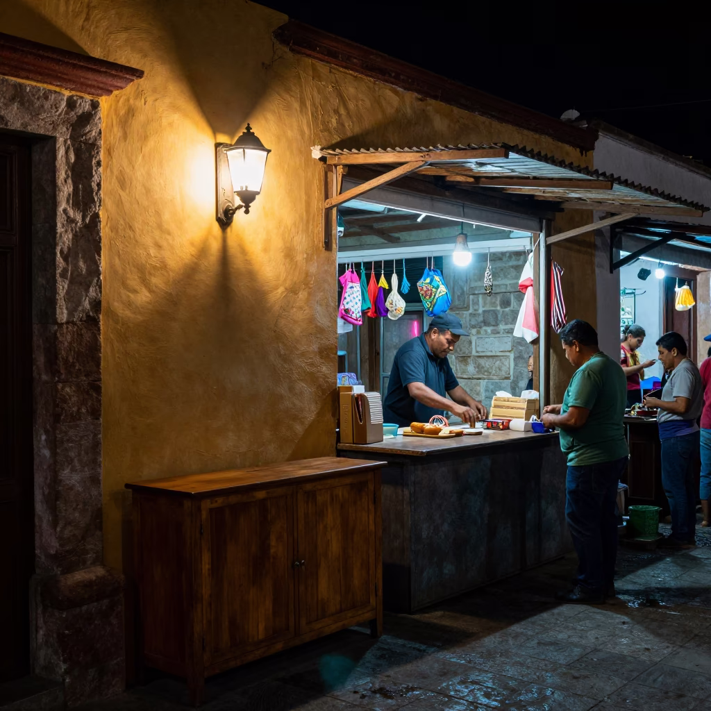 Oaxaca Night Market Stall with Wall Sconce and Sideboard Display in in Oaxaca, Mexico