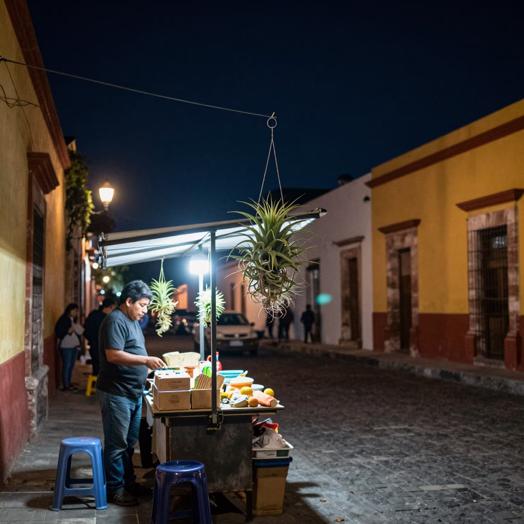 Oaxaca Night Street Scene with Hanging Air Plant and Local Market Stall in in Oaxaca, Mexico