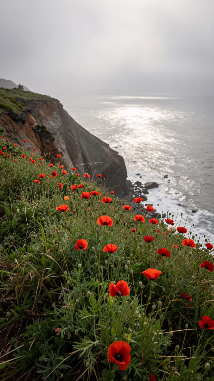 Oaxaca Poppy Patch Misty Cliff Edge in along a salt-sprayed cliff edge near Oaxaca