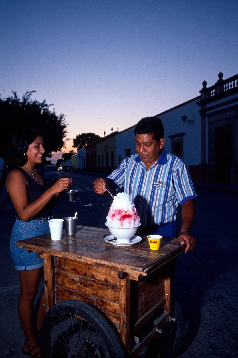 Oaxaca Shaved Ice at Indigo Twilight After Sunset in in Oaxaca, Mexico